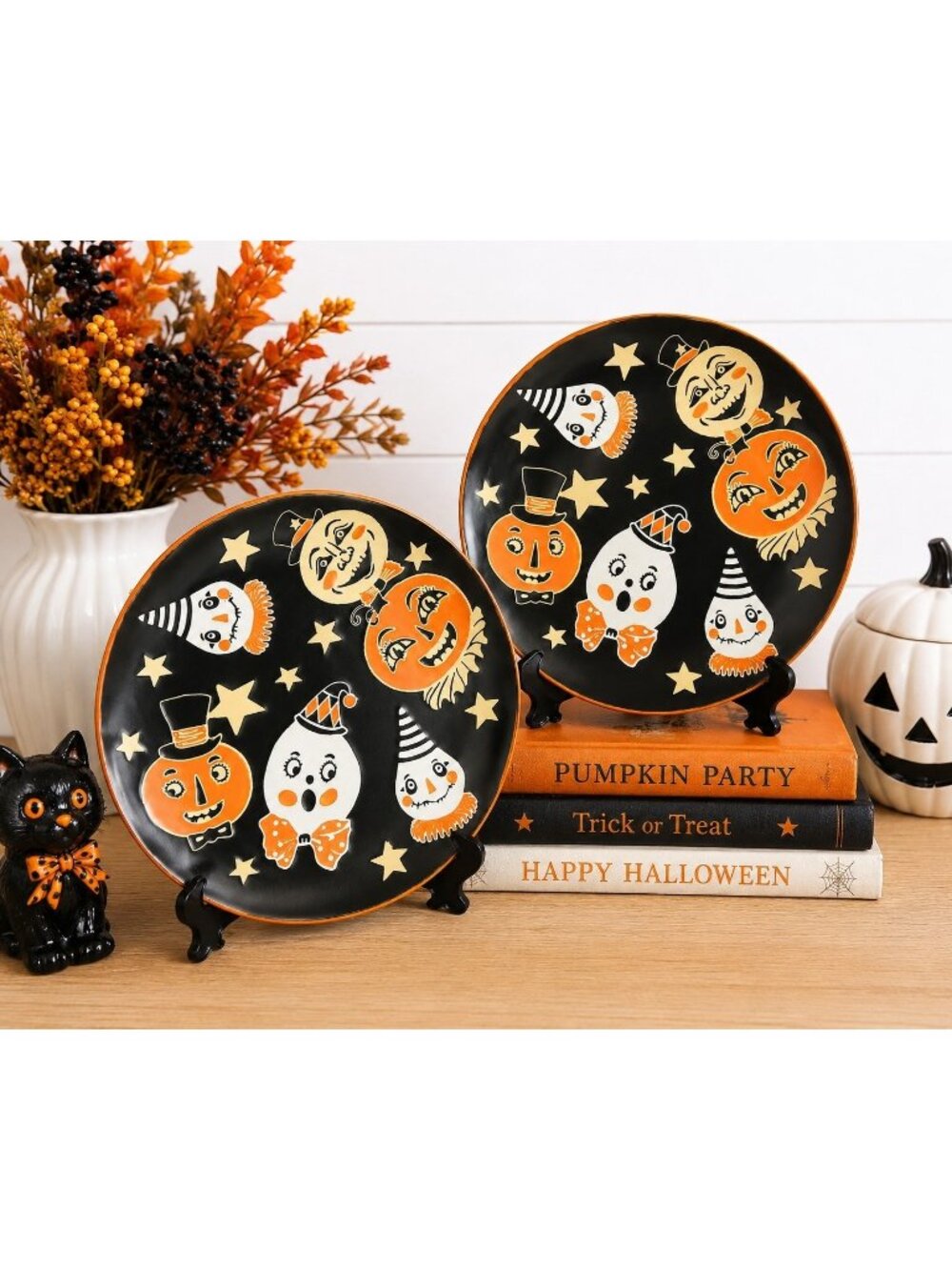 2 Eli + Ana Halloween Plates Vintage Style Pumpkin Ghost 8.5" Chillcat Retro Blk